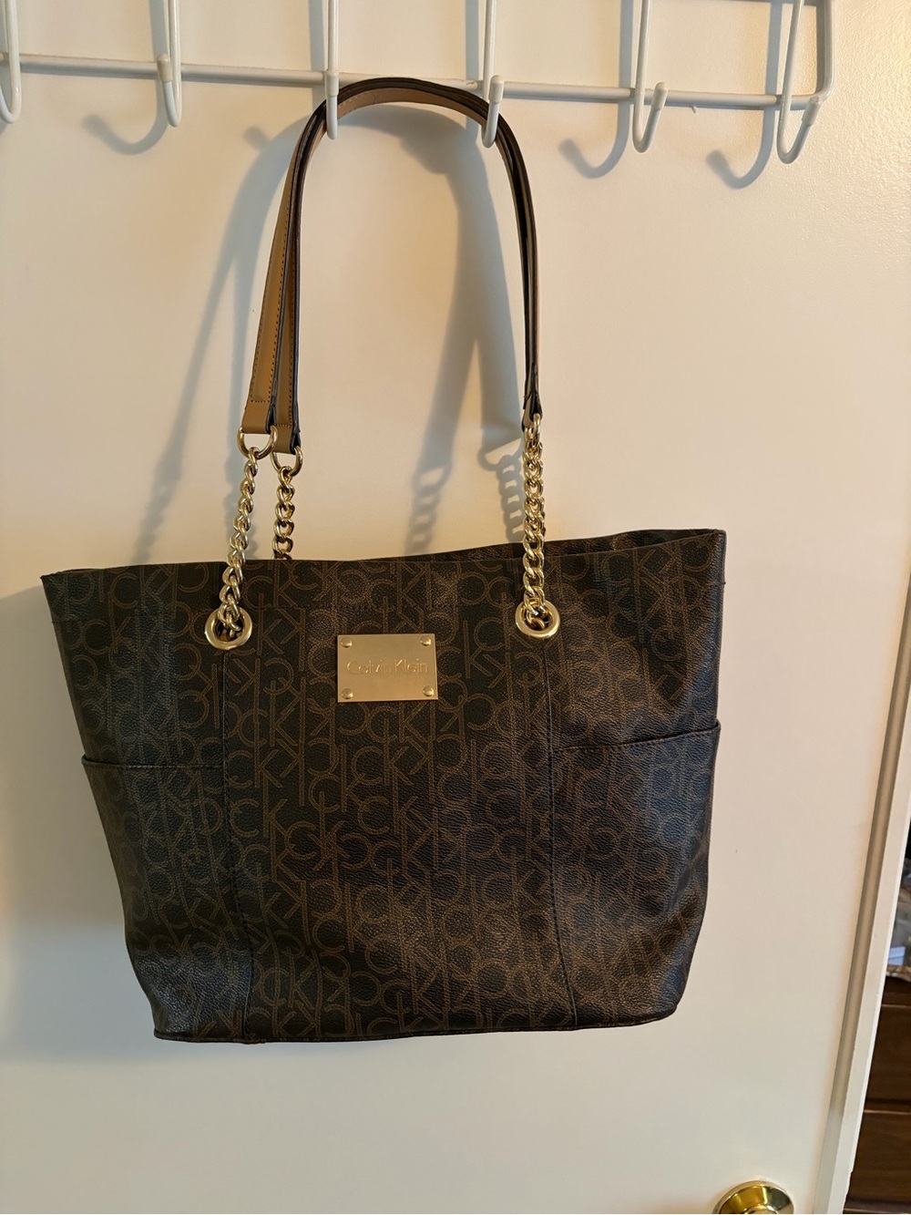 Calvin Klein Dark Brown Monogram Tote with Gold Chain Handles